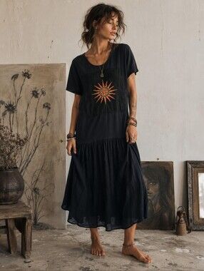 Vintage Boho Sun Celestial Short Sleeve Maxi Dress Size L Black Artsy